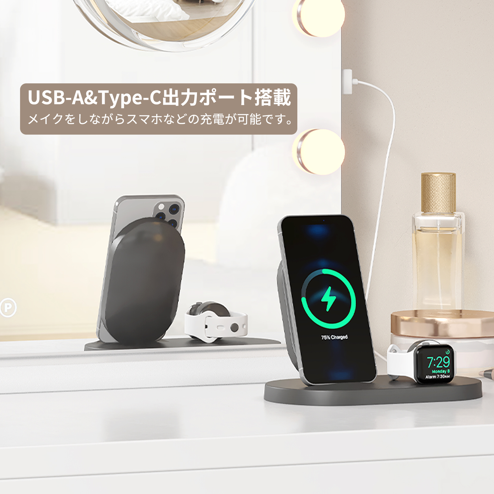 GarveeLife 女優ミラー ライト付き 50*40cm ハリウッドミラー おしゃれ 10倍拡大鏡付き USB 壁掛け/卓上両用 調光調色 - 画像 (6)
