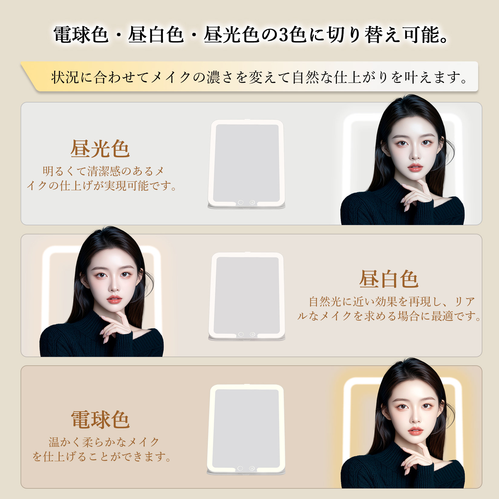 GarveeLife 女優ミラー 鏡 充電式 卓上ミラー 角度自在調節 折りたたみ 10倍拡大鏡付き 三色照明モード 明るさ調節 持ち運び - 画像 (3)