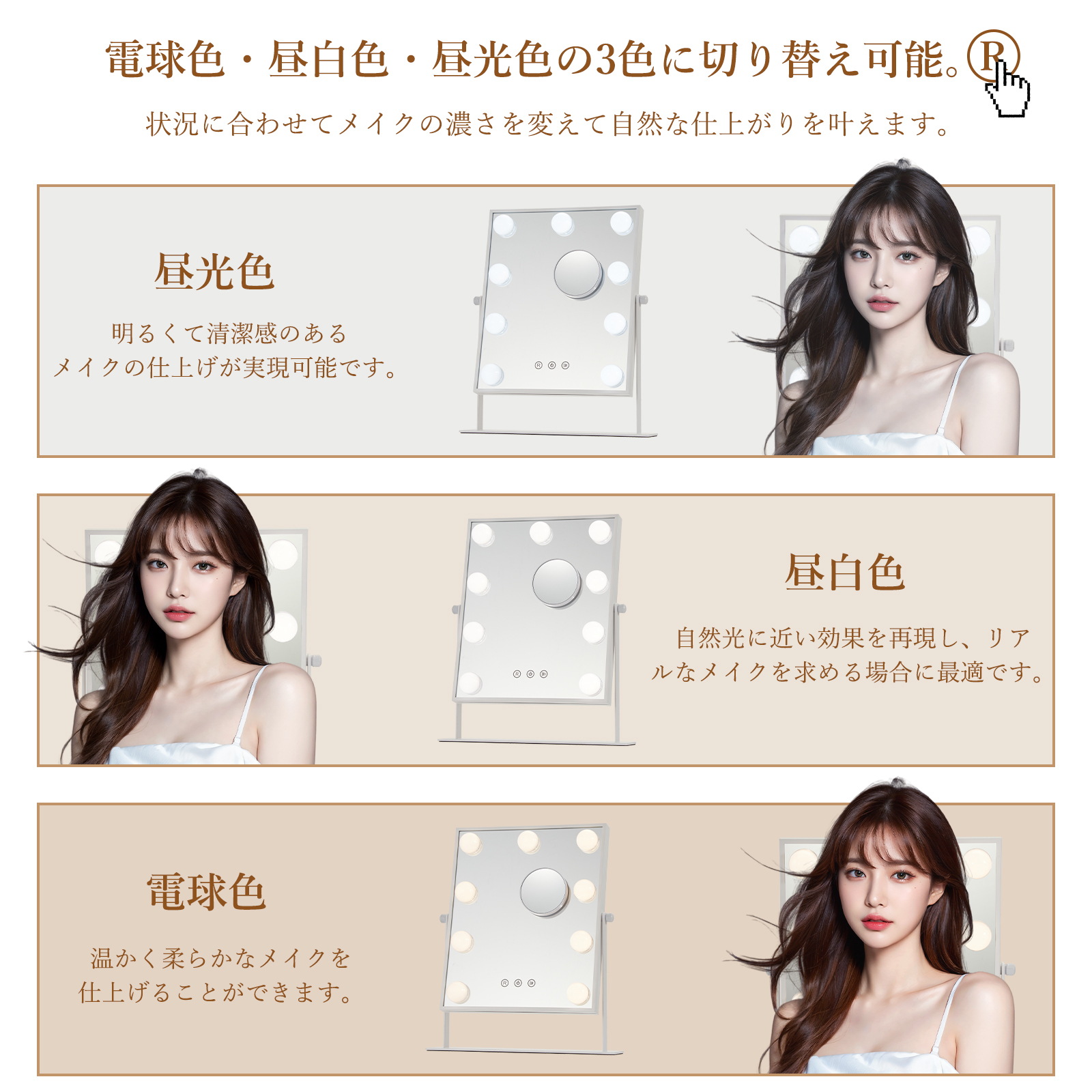 GarveeLife 女優ミラー ライト付き 30cm*36cm 卓上 ハリウッドミラー おしゃれ 10倍拡大 三色照明モード 360度回転可 - 画像 (3)
