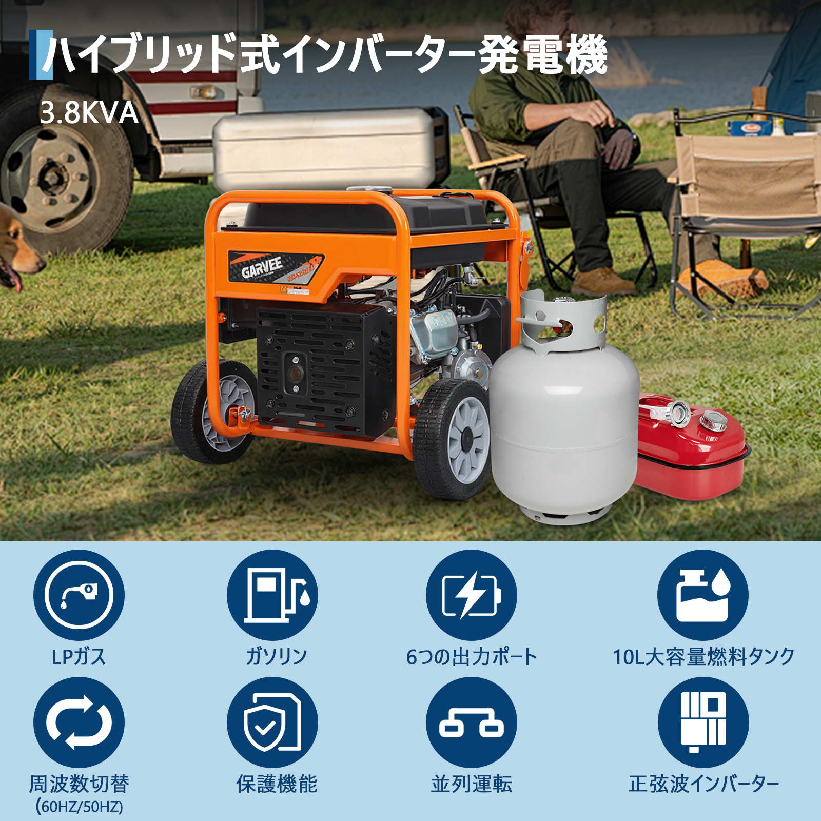 インバーター発電機 LPガス/ガソリン両用発電機 3way 最大出力4200W リモコン/キャスター付 家庭用発電機 GR4200iO - 画像 (2)