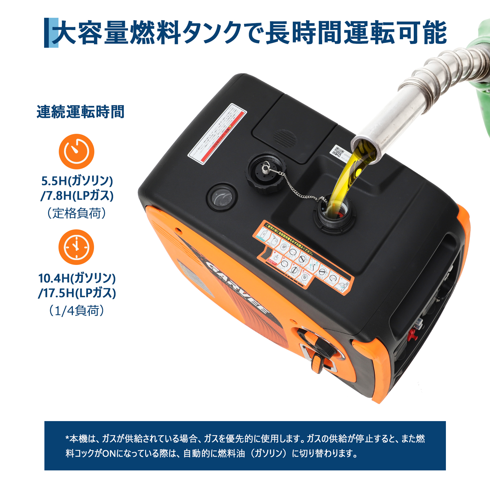 インバーター発電機 LPガス/ガソリン両用発電機 3way 最大出力4200W リモコン/キャスター付 家庭用発電機 GR3800iE - 画像 (4)