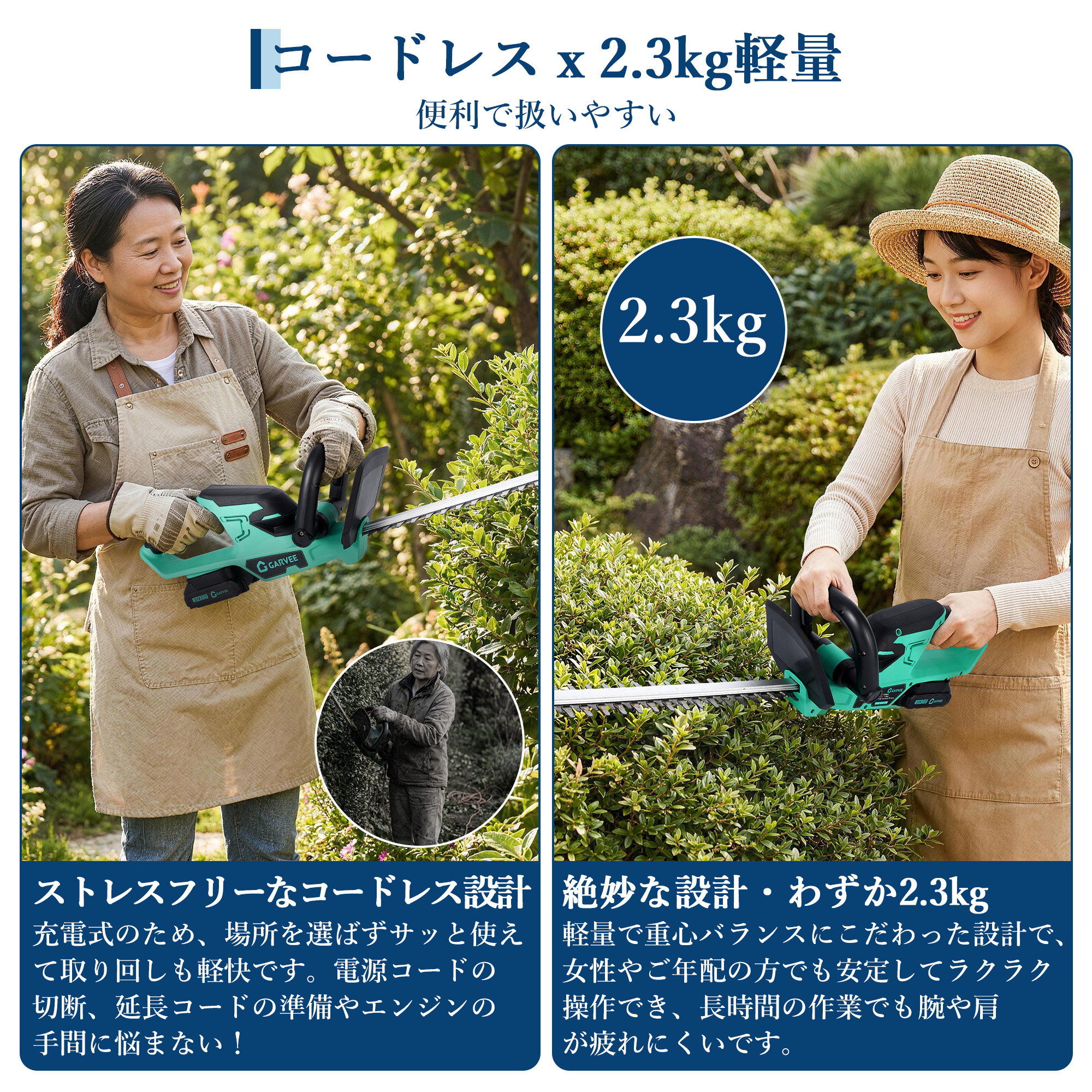 GarveeLife ヘッジトリマー 充電式 草刈り 草刈り機 芝刈り機 芝生バリカン 枝切りトリマー ノコギリ 電動 - 画像 (3)